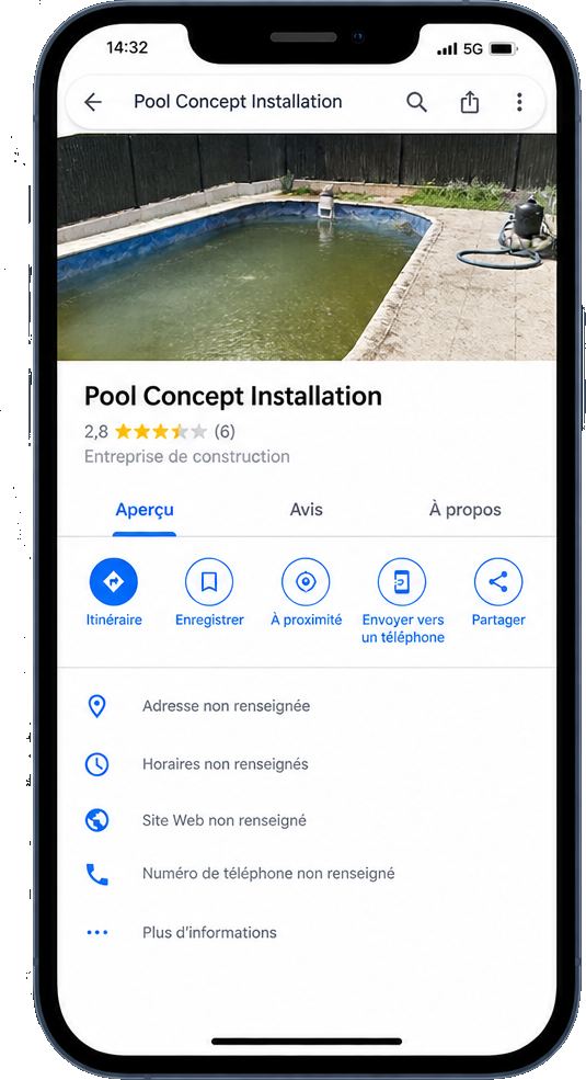 Fiche Google My Business incomplète : note faible, aucune adresse, aucun horaire, aucun site web renseigné