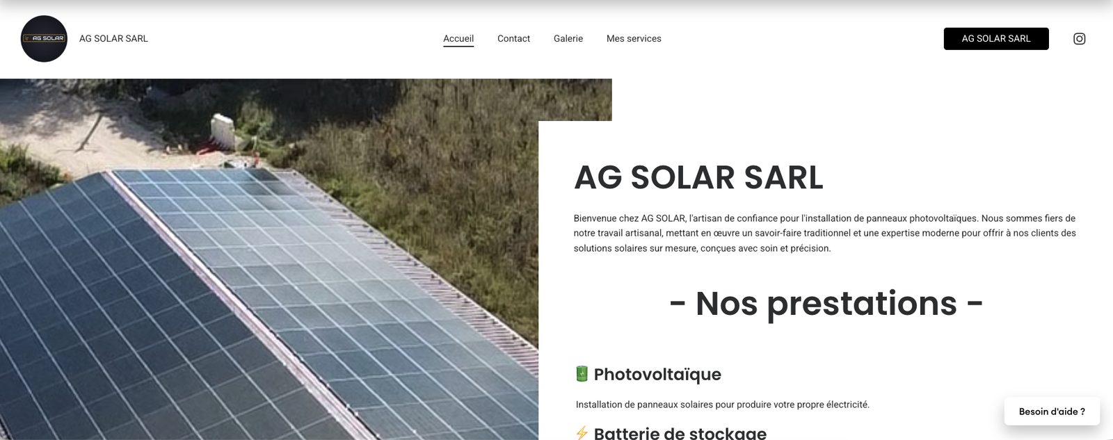 Ancien site AG Solar : bandeau blanc, longue page de texte dense et photo de panneaux photovoltaïques tronquée.