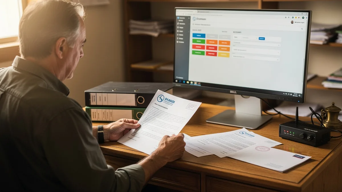 Dans un petit bureau, une personne compare des documents d’entreprise avec un grand écran affichant des panneaux de gestion d’un domaine web.
